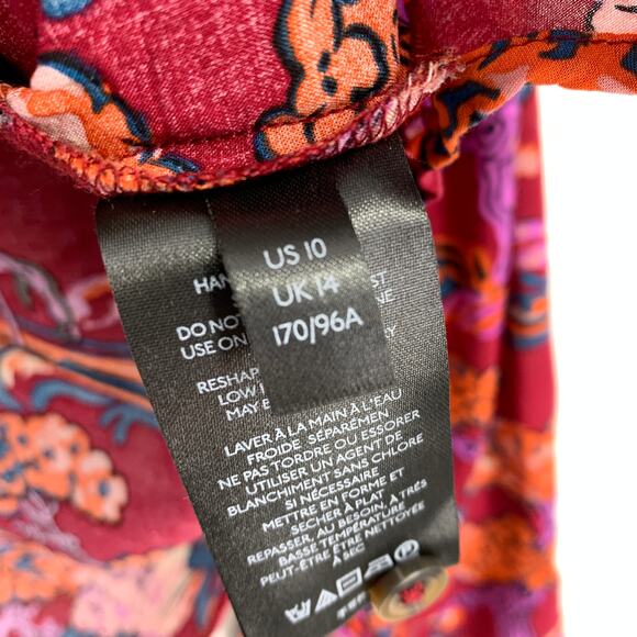 Anthropologie Darla Button Down Shirt Womens Sz 10 Red Bonsai Peacock Print - Picture 6 of 7